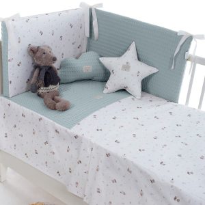 Colcha y Protector de Cuna Osito con Piqué Nápoles Verde Agua
